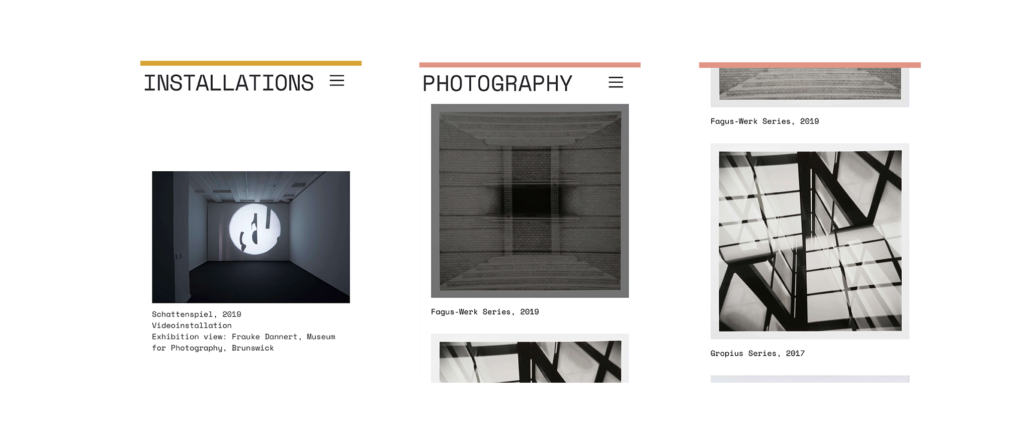 3 Abbildungen der mobilen Website mit Werken von Frauke Dannert / 3 images of the mobile website with works by Frauke Dannert