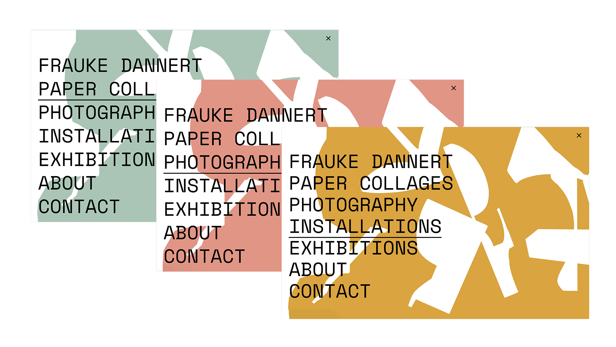 3 Abbildungen der Website mit grafischem Werk im Hintergrund / 3 images of the website with graphic work in the background