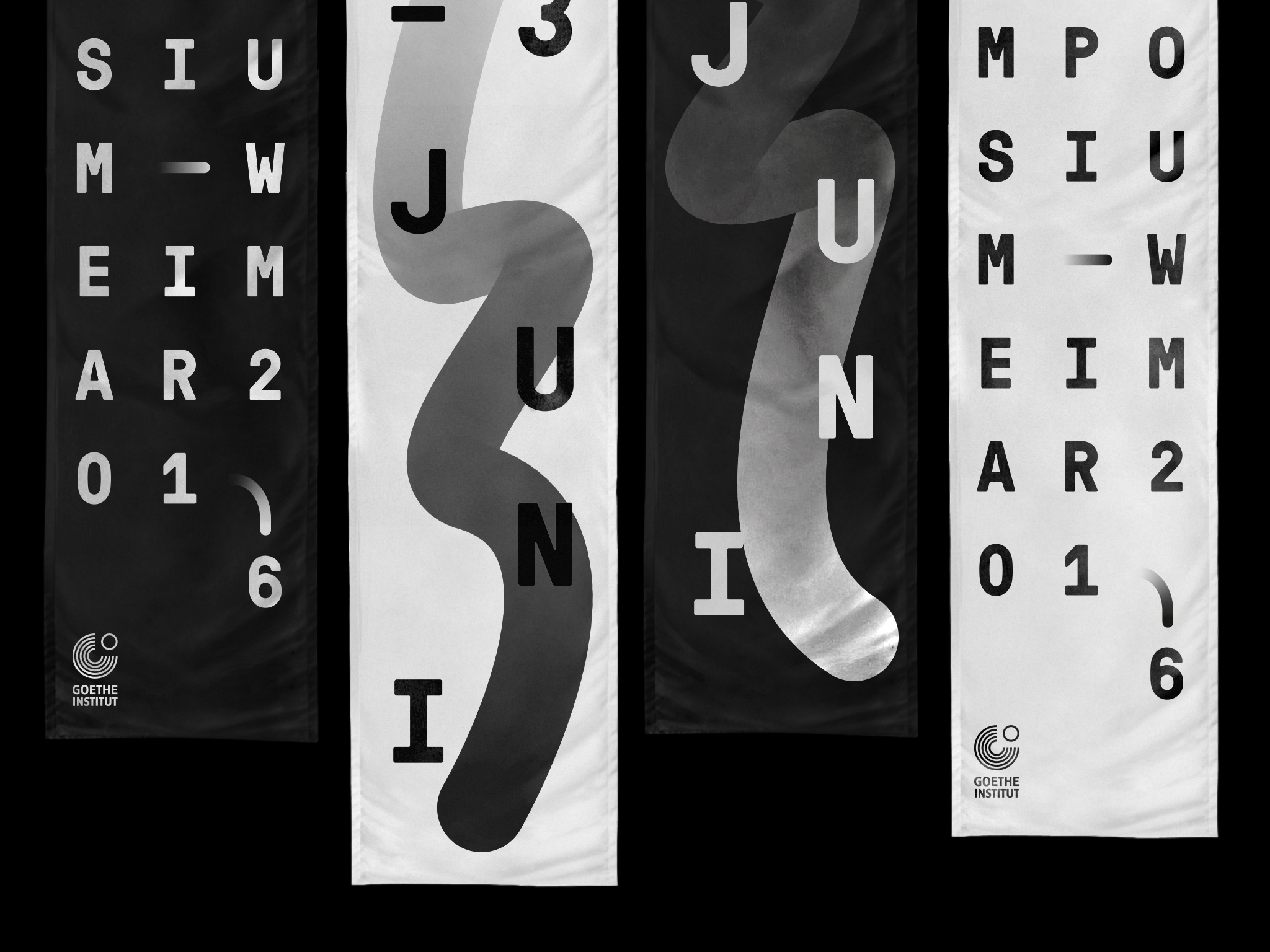 Typografische Fahnen und Keyvisual-Fahnen in schwarz/wei&szlig; / Typographic flags and key visual flags in black and white