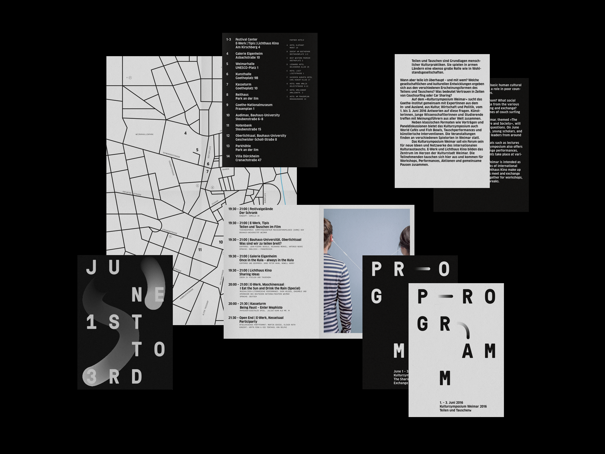 &Uuml;bersicht gedruckter Konferenzmedien auf schwarzem Grund / Overview of printed conference media on black background