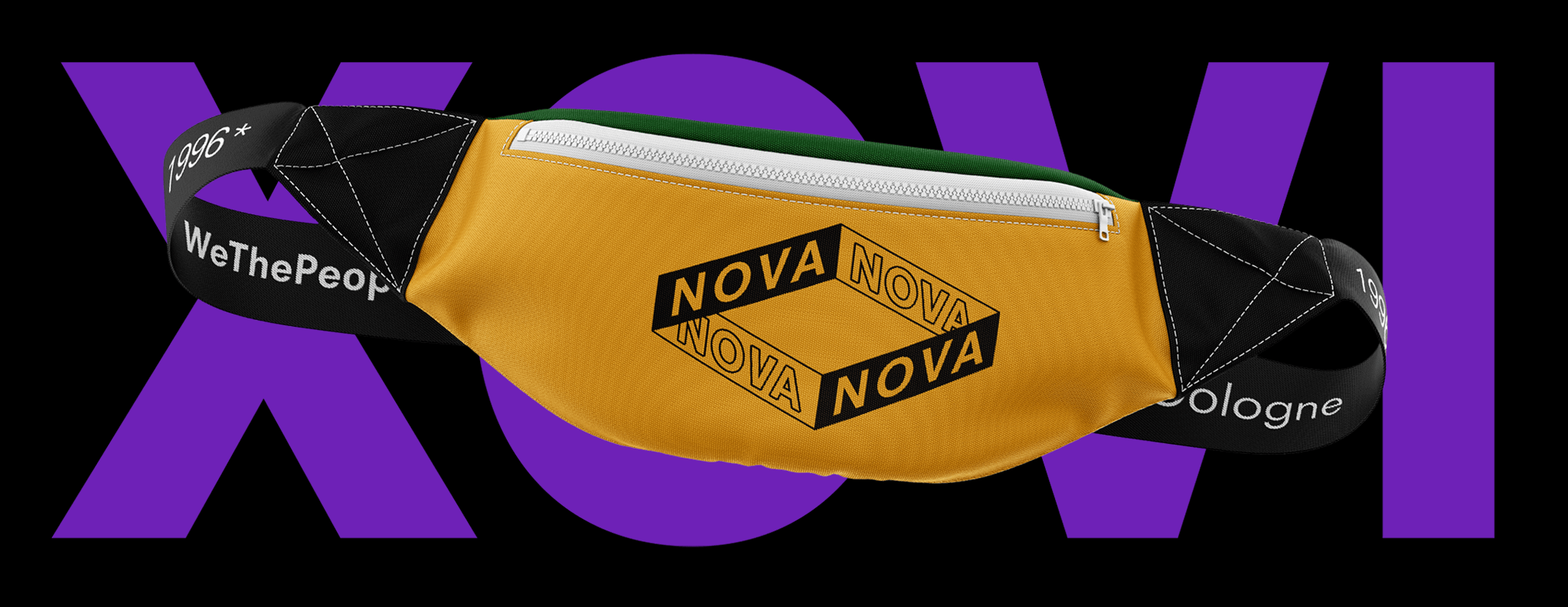 Gelb-schwarze Bauchtasche auf typografischem Grund / Yellow and black waist bag on typographic background