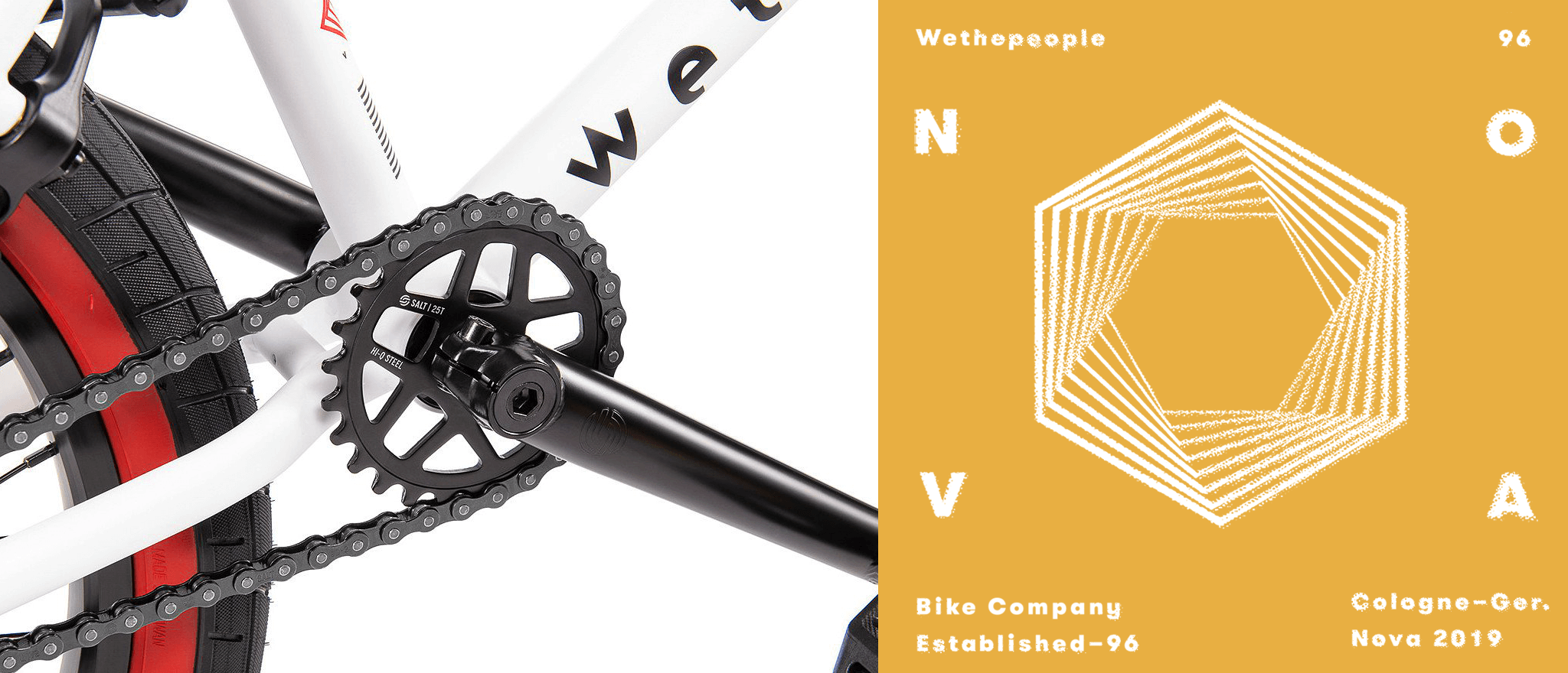 geteilte Bild mit BMX Detail und wei&szlig;er Grafik auf gelben Grund / split image with BMX detail and white graphic on yellow background