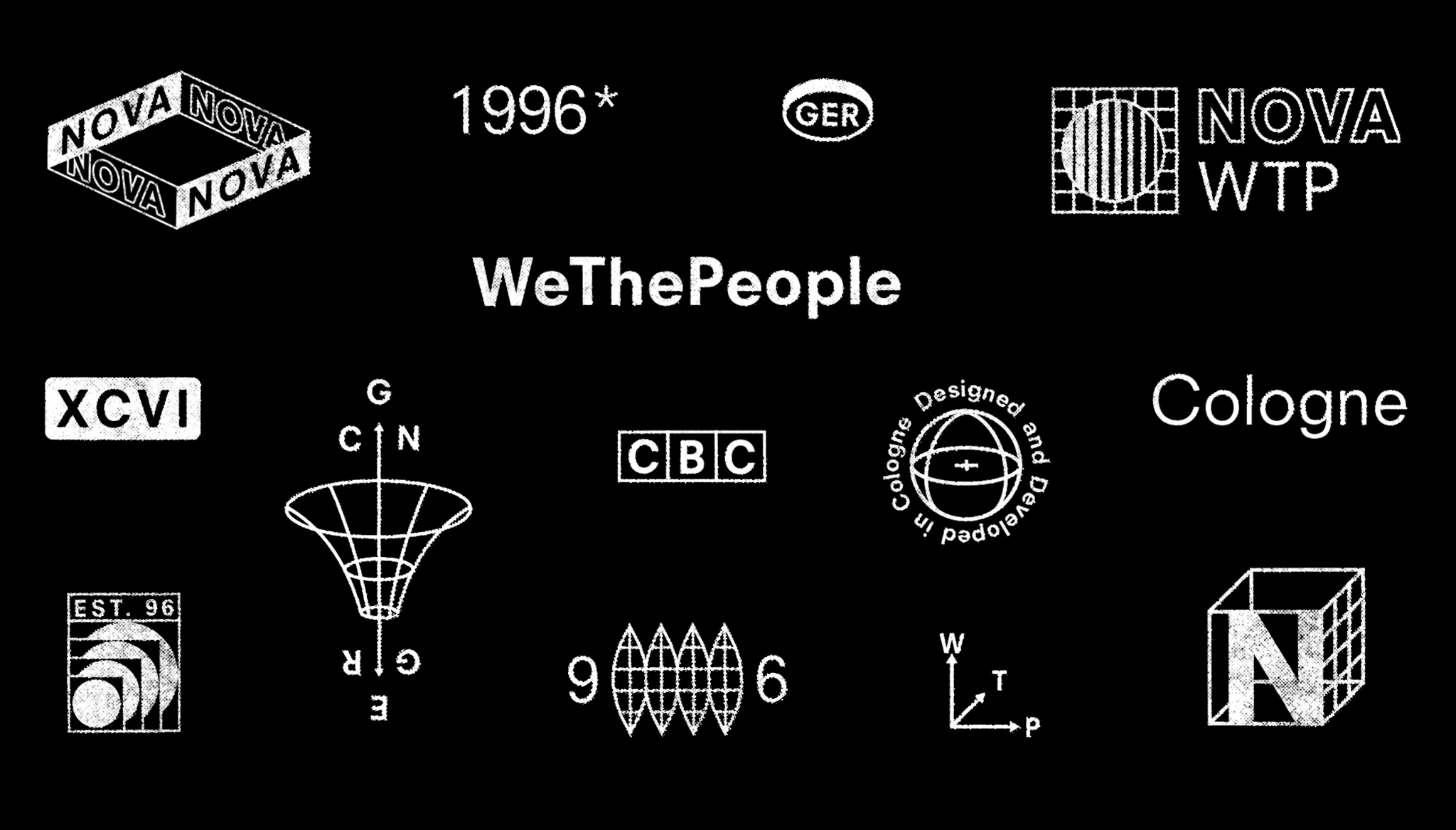 wei&szlig; gen&auml;hte Logowall auf schwarzem Grund / white stitched logo wall on black background