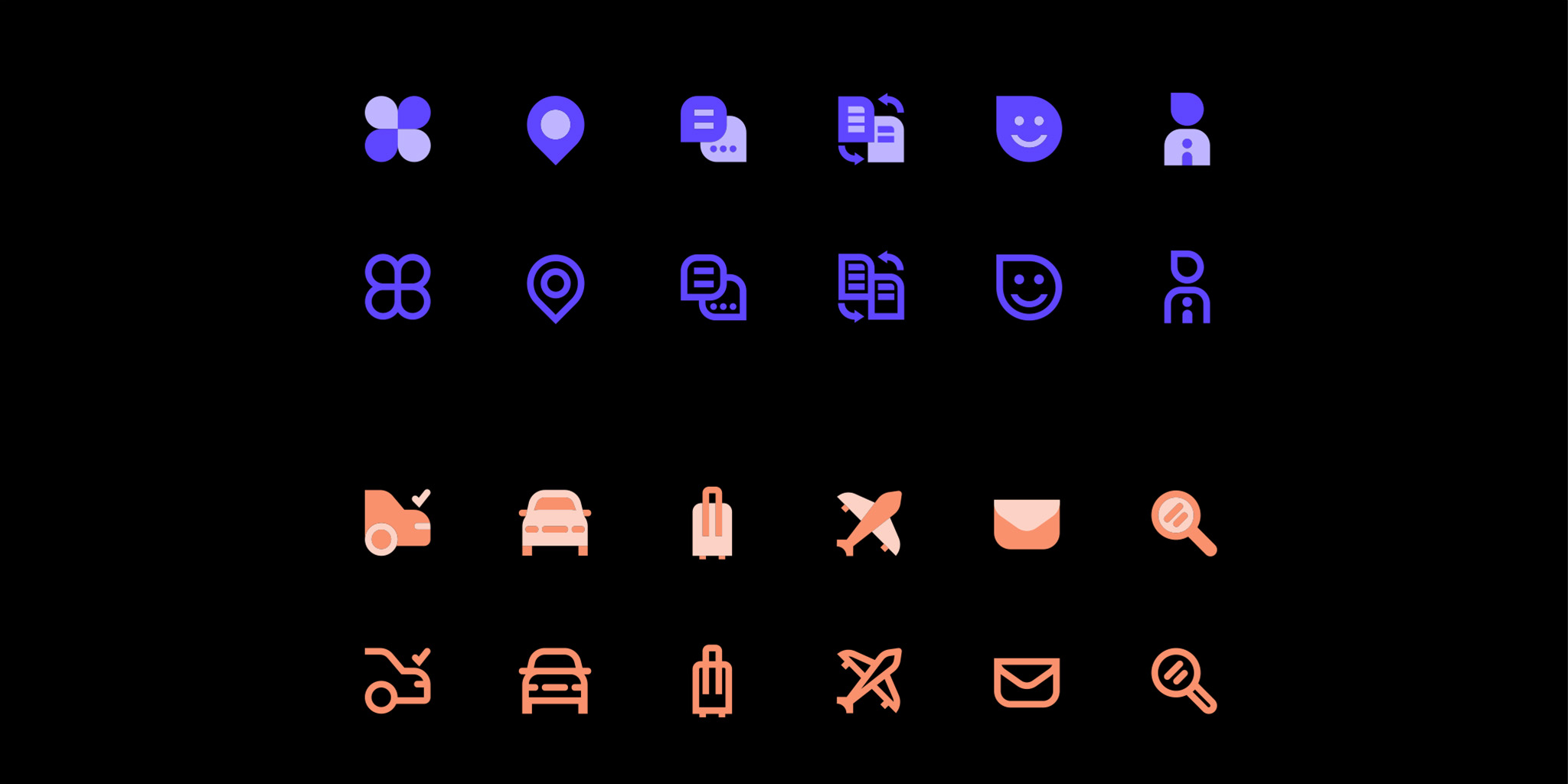 Piktografisches System in lila und orange auf schwarzem Grund / Pictographic system in purple and orange on black background