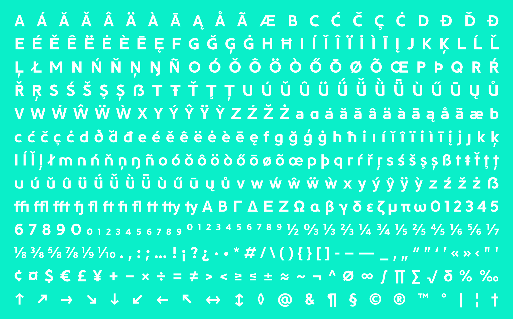 wei&szlig;e Glyphen&uuml;bersicht auf farbigem Grund / white glyph overview on colored background