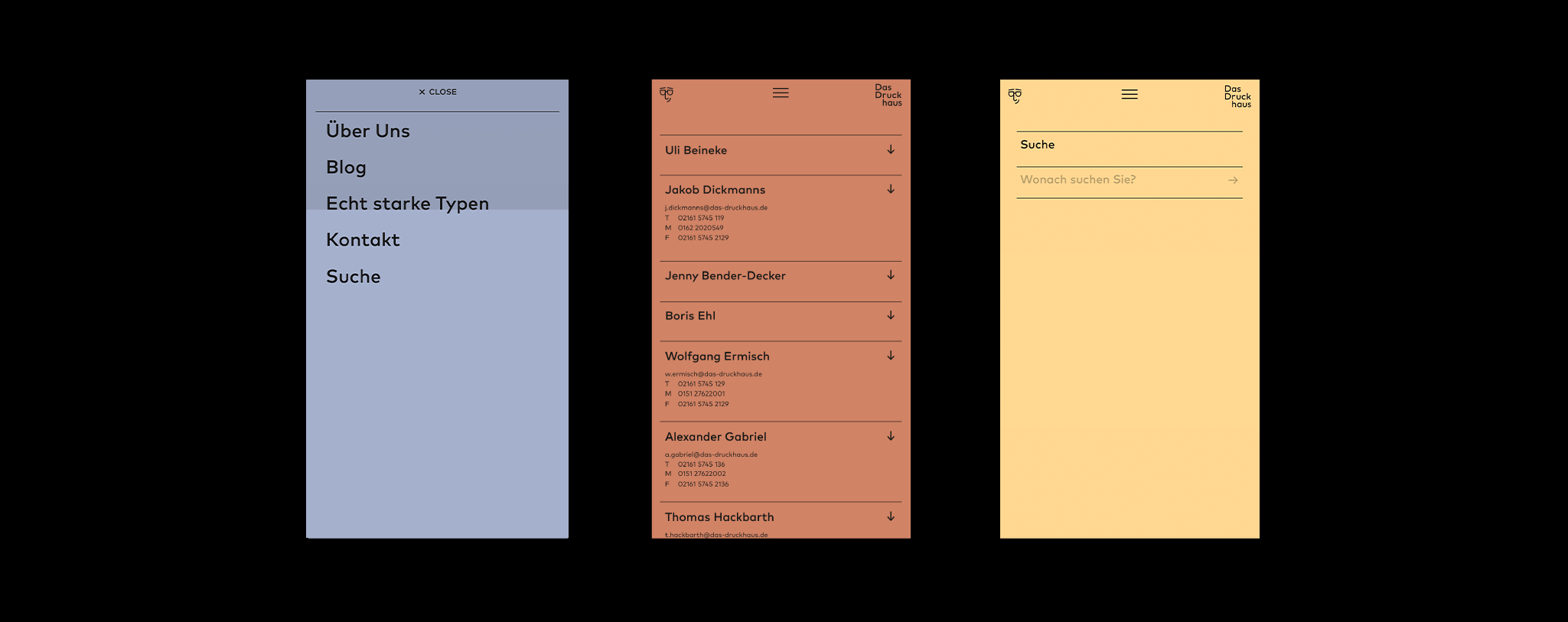 3 mobile Websiteansichten mit farbigen Hintergrund / 3 mobile website views with colored background