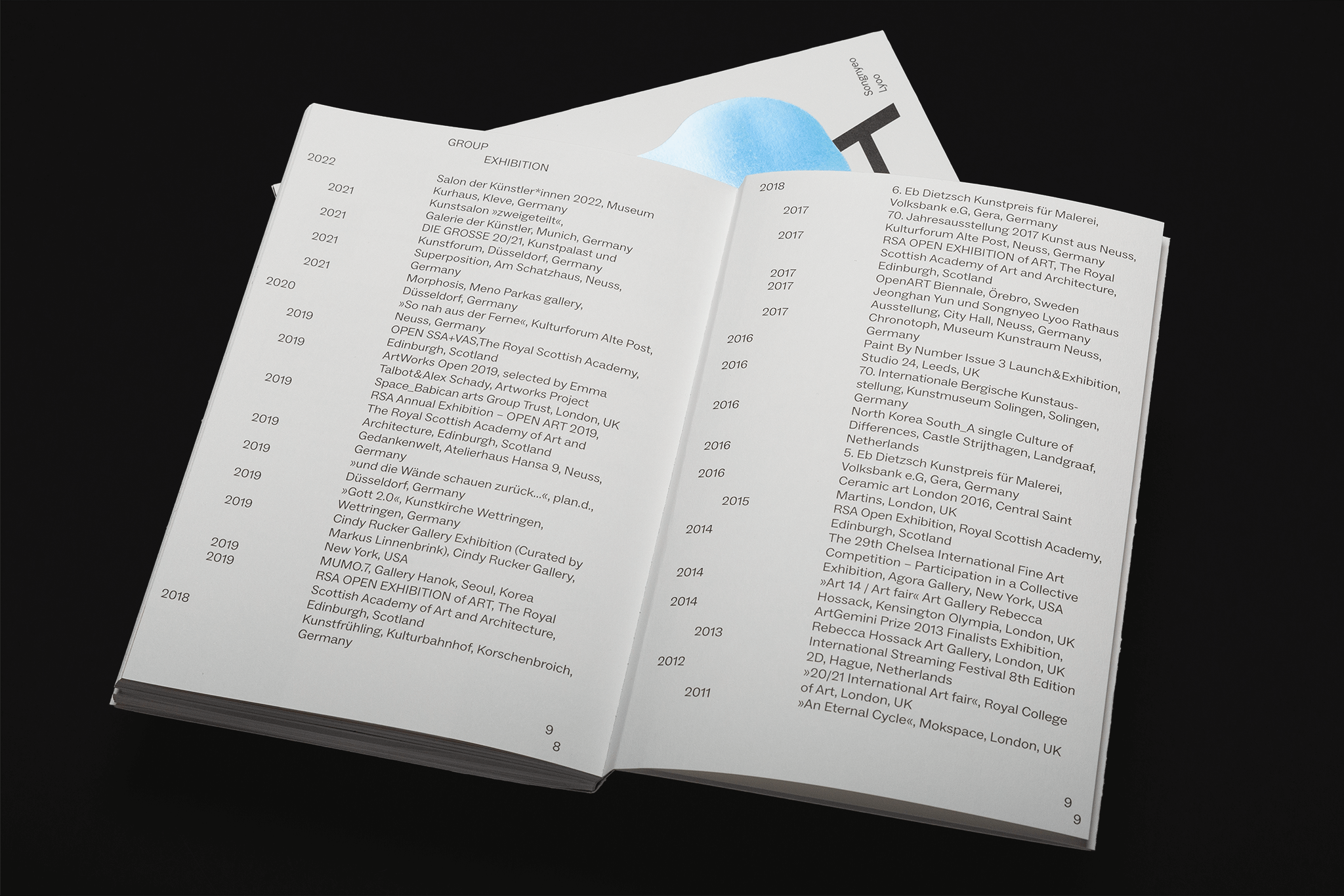 Doppelseite mit tabellarischer Ausstellungsliste / Double page with tabular exhibition list